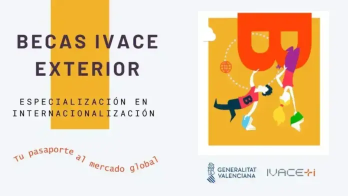 Persones davant d’un cartell informatiu sobre beques d’especialització d’Ivace+i Internacional
