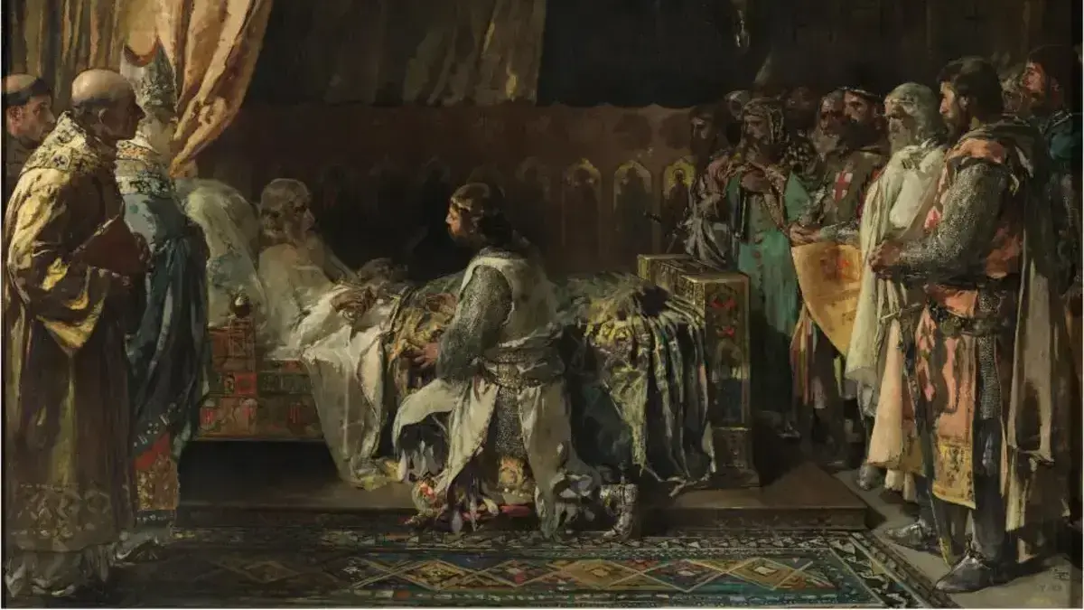 Llenç d’Ignacio Pinazo sobre els últims moments de Jaume I, en exposició al Museu de Belles Arts de València.