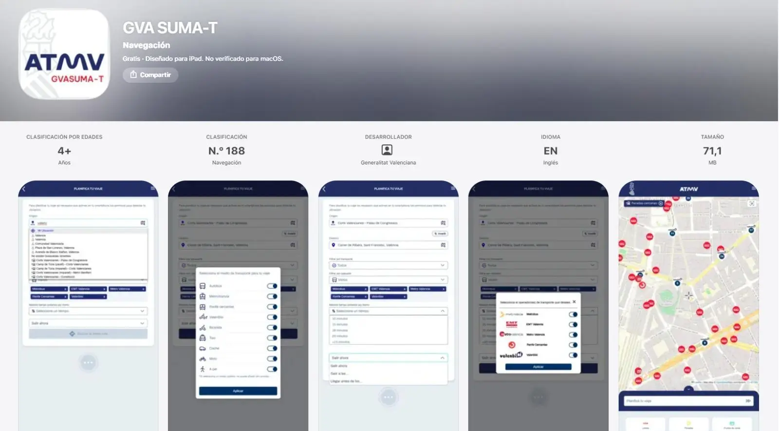 Pantalla de l’app GVA SUMA-T per consultar la informació del transport públic a l’àrea metropolitana de València